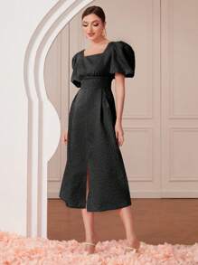 Modelyn Square Neck Puff Sleeve Split Hem Dress - Black - View 4