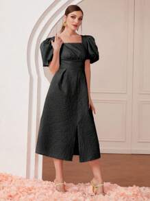 Modelyn Square Neck Puff Sleeve Split Hem Dress - Black - View 6