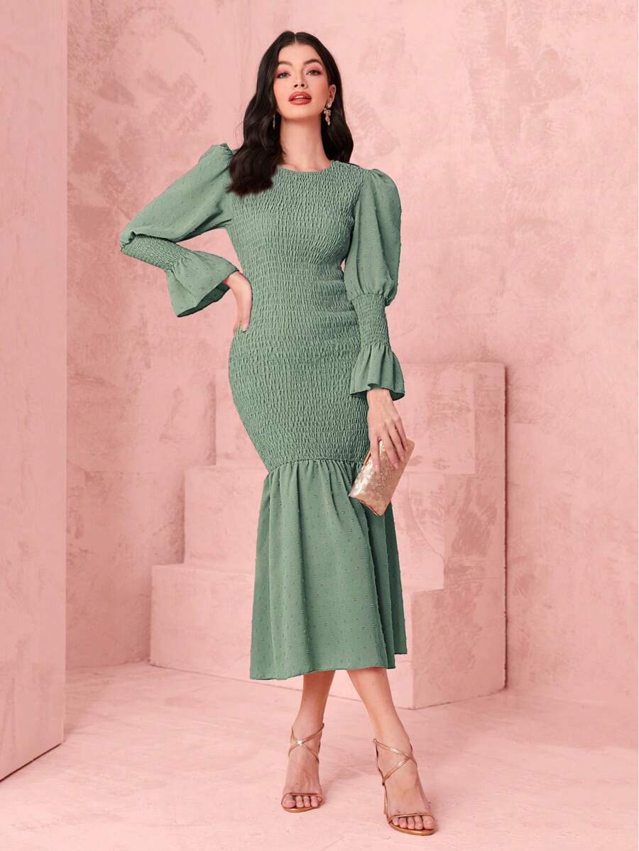 Mulvari Đầm Xù Viên lá sen Dải chun màu trơn Thanh lịch - Màu xanh Bạc hà - Xem 1