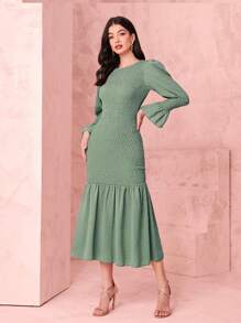 Mulvari Đầm Xù Viên lá sen Dải chun màu trơn Thanh lịch - Màu xanh Bạc hà - Xem 3