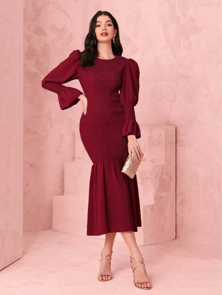 Mulvari 荷葉袖魚尾裙下擺連衣裙 - 紅色 - 查看 1