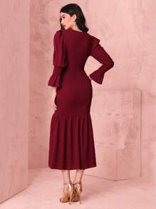 Mulvari 荷葉袖魚尾裙下擺連衣裙 - 紅色 - 查看 2