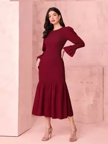 Mulvari 荷葉袖魚尾裙下擺連衣裙 - 紅色 - 查看 3