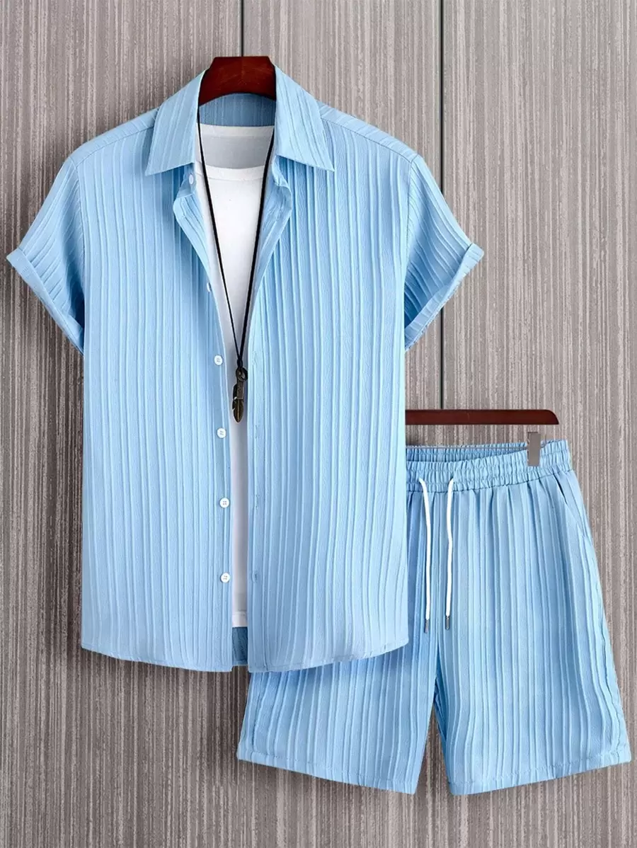 Manfinity Homme Hombres unicolor con botón delantero Camisa & de cintura con cordón Shorts sin camiseta