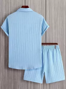 Manfinity Homme Hombres unicolor con botón delantero Camisa & de cintura con cordón Shorts sin camiseta