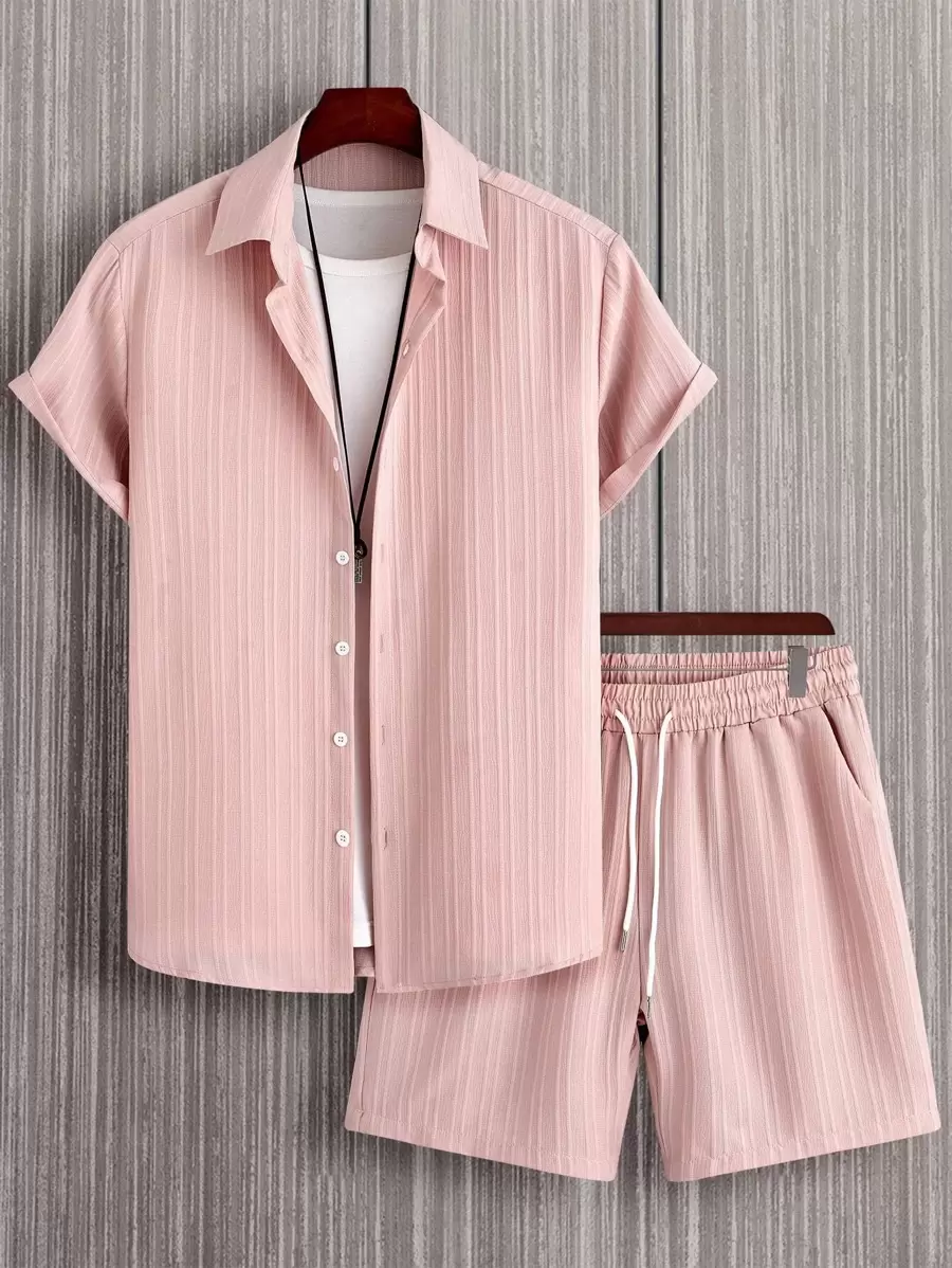 Manfinity Homme Men Solid Button Front Shirt & Drawstring Waist Shorts Without Tee, Cozy Outfits - Pink - View 1
