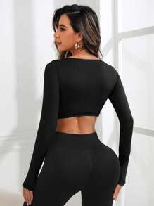 SHEIN Sports Áo ba lỗ thể thao tập luyện thường ngày có khóa kéo màu trơn dành cho nữ - màu đen - Xem 3