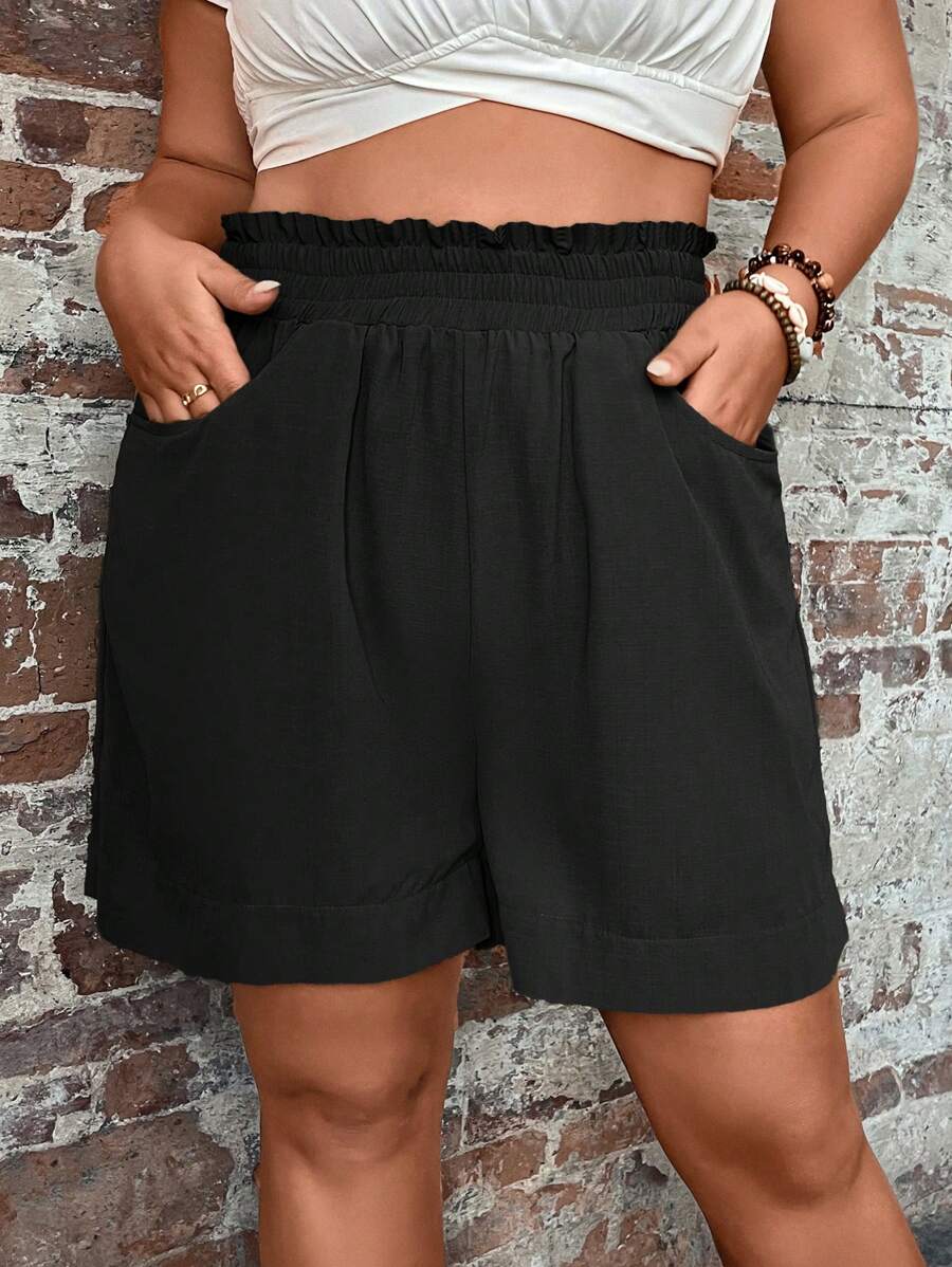 EMERY ROSE Plus Solid Paperbag Waist Roll Up Hem Shorts