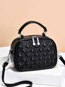 小方包衍縫頂部單條提帶拉鍊 - 黑色 - 查看 1