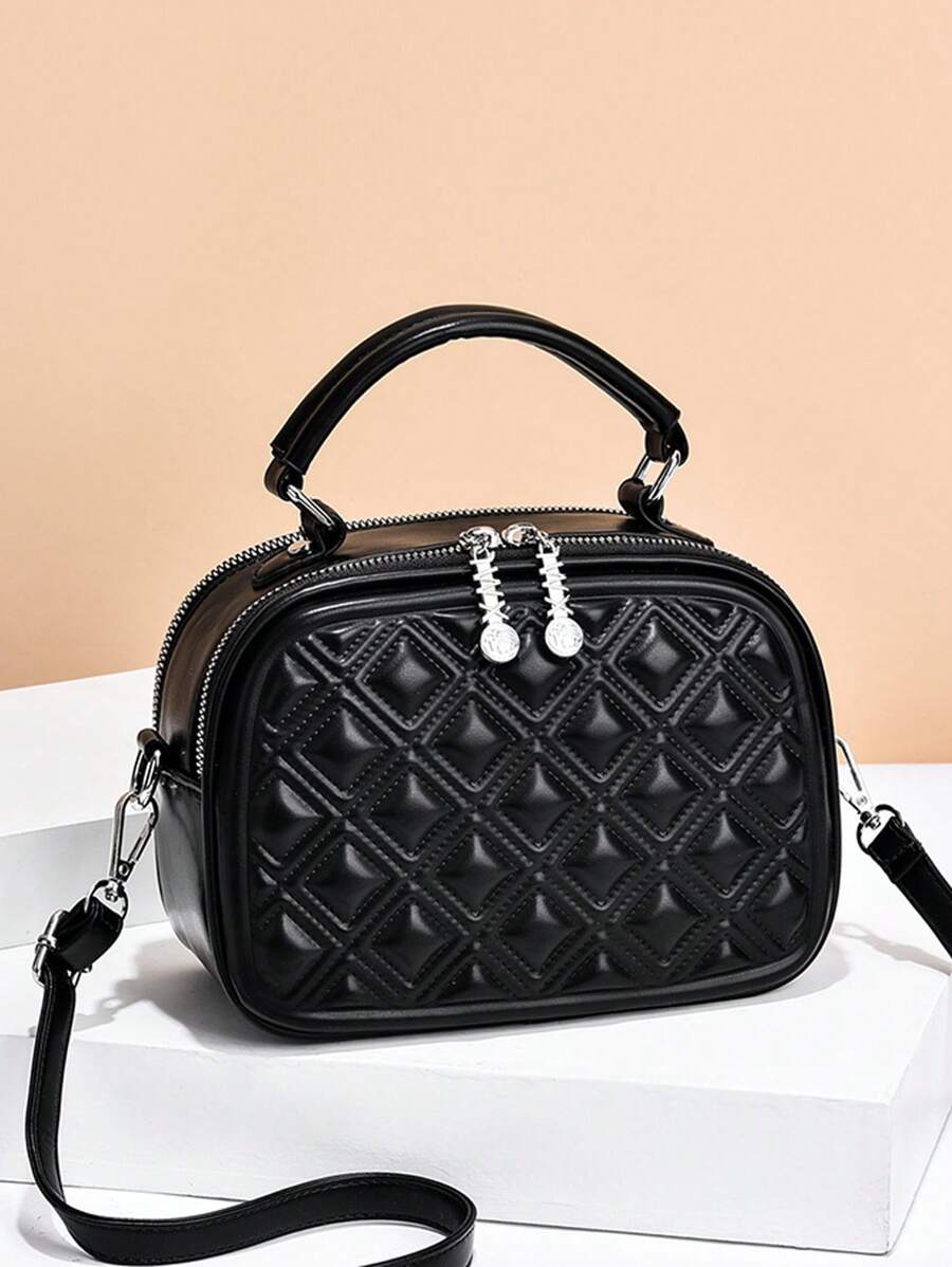 小方包衍縫頂部單條提帶拉鍊 - 黑色 - 查看 1