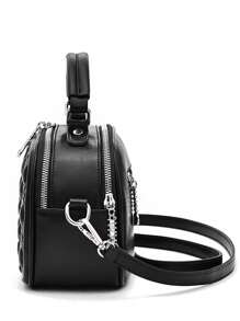 小方包衍縫頂部單條提帶拉鍊 - 黑色 - 查看 4