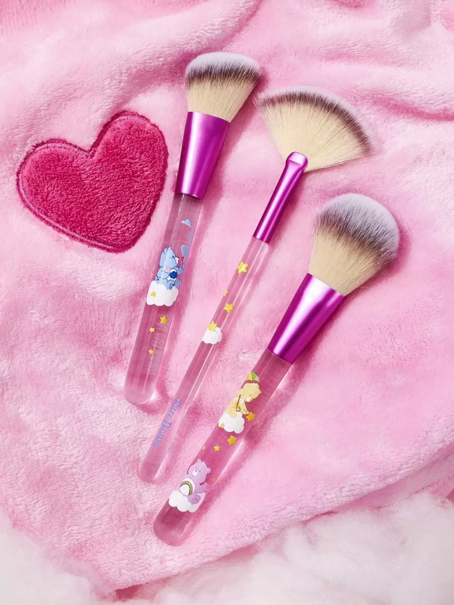 SHEIN X Care Bears 3pcs Carebears Makeup Brush Set With Pouch,Cheer Bear, Grumpy Bear,Good,Funshine Bear, Gifts