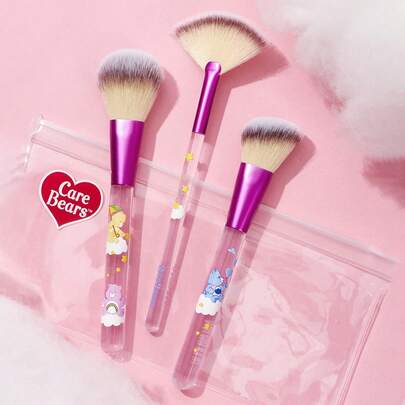 SHEIN X Care Bears Bộ 3 cọ trang điểm Carebears kèm túi đựng, hình gấu Cheer Bear, Bear, Good, Funshine Bear, quà tặng, ngày Valentine.