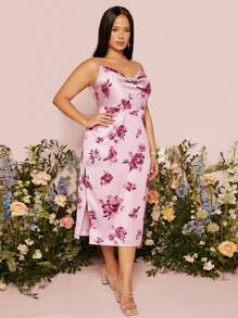 SHEIN Belle 大碼印花垂領高開叉緞面吊帶裙伴娘禮服 - 彩色 - 查看 2