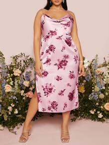 SHEIN Belle 大碼印花垂領高開叉緞面吊帶裙伴娘禮服 - 彩色 - 查看 1