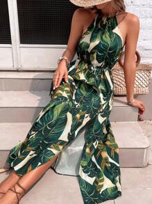 SHEIN VCAY Tropical Print Split Thigh Belted Halter Dress - Multicolor - View 2