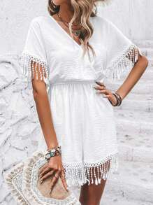 SHEIN VCAY Áo liền quần nữ mép Trọn gói màu trơn Boho - trắng - Xem 1