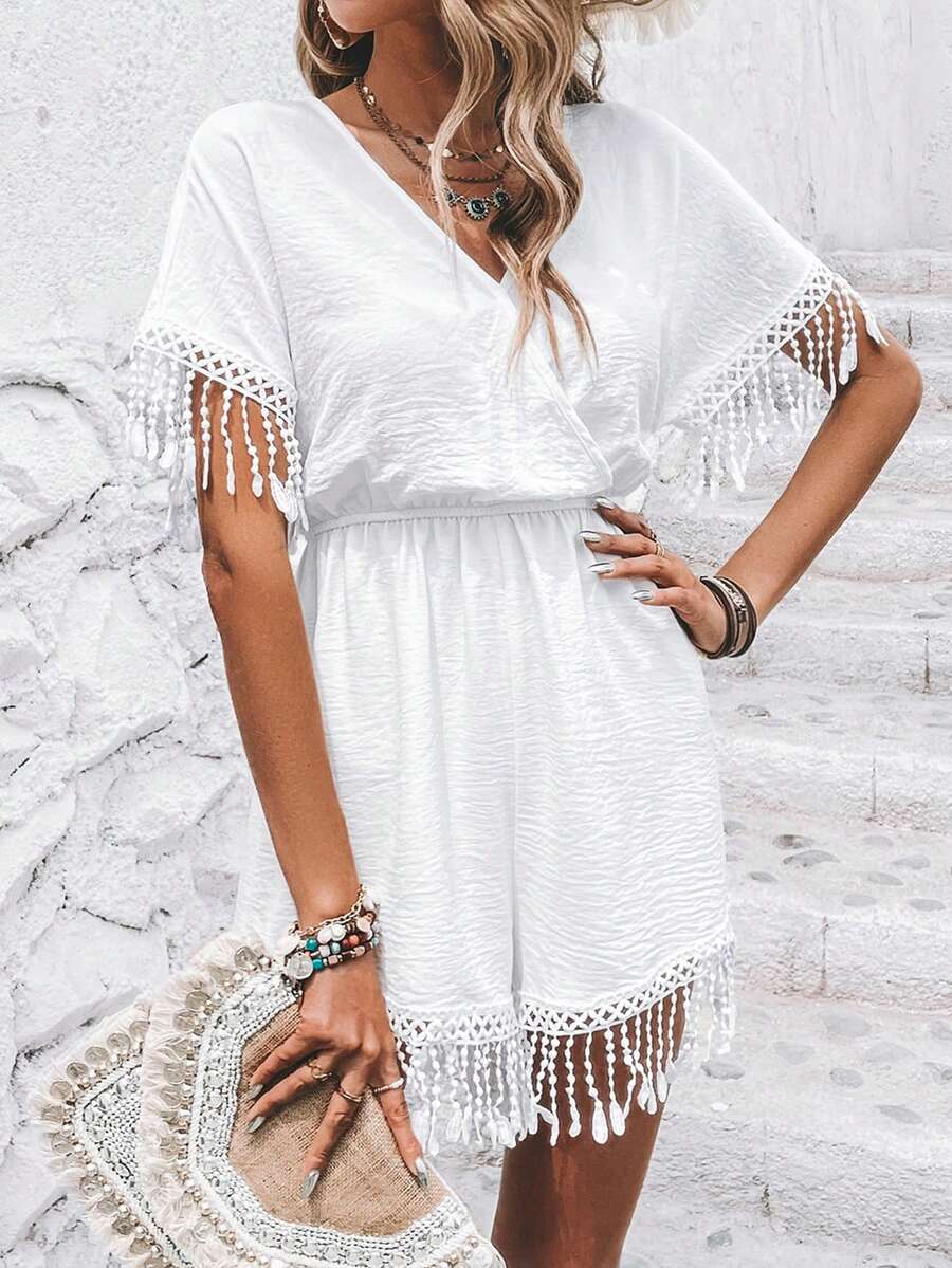SHEIN VCAY Áo liền quần nữ mép Trọn gói màu trơn Boho - trắng - Xem 1