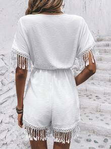 SHEIN VCAY Áo liền quần nữ mép Trọn gói màu trơn Boho - trắng - Xem 2