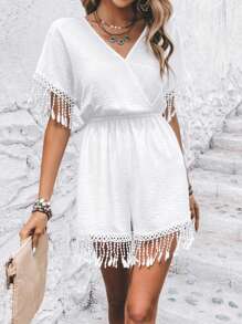 SHEIN VCAY Áo liền quần nữ mép Trọn gói màu trơn Boho - trắng - Xem 4