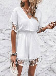 SHEIN VCAY Áo liền quần nữ mép Trọn gói màu trơn Boho - trắng - Xem 5