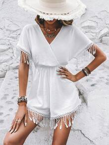 SHEIN VCAY Áo liền quần nữ mép Trọn gói màu trơn Boho - trắng - Xem 6