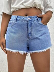 SHEIN EZwear Plus Raw Hem Denim Shorts - Light Wash - View 1