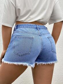 SHEIN EZwear Plus Raw Hem Denim Shorts - Light Wash - View 2