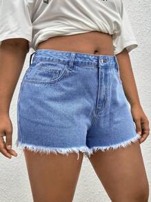 SHEIN EZwear Plus Raw Hem Denim Shorts - Light Wash - View 3