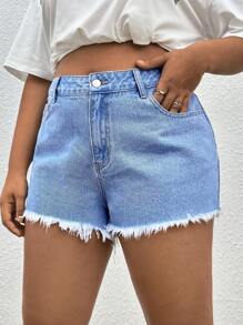 SHEIN EZwear Plus Raw Hem Denim Shorts - Light Wash - View 4