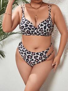 SHEIN 大尺碼豹紋剪裁推上去比基尼套裝，適用於夏季沙灘 - 彩色 - 查看 2