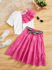 SHEIN Chicas ribete con fruncido Camiseta & panel con cinta con letra con cinturón Falda - Multicolor - Ver 1