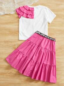 SHEIN Chicas ribete con fruncido Camiseta & panel con cinta con letra con cinturón Falda - Multicolor - Ver 2