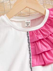 SHEIN Chicas ribete con fruncido Camiseta & panel con cinta con letra con cinturón Falda - Multicolor - Ver 3