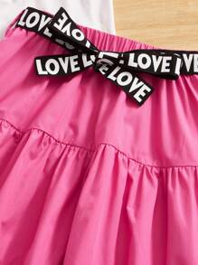 SHEIN Chicas ribete con fruncido Camiseta & panel con cinta con letra con cinturón Falda - Multicolor - Ver 4