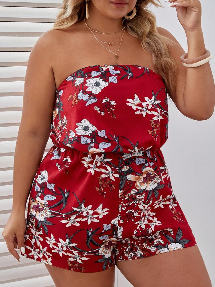 SHEIN VCAY מחשוף גב פרחוני כל האותיות בוהו סרבל במידה גדולה - בורגונדי - ראה 1