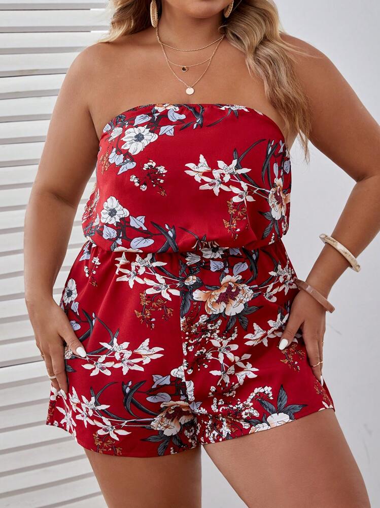 SHEIN VCAY מחשוף גב פרחוני כל האותיות בוהו סרבל במידה גדולה - בורגונדי - ראה 3