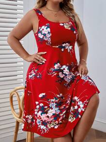 SHEIN VCAY Vestido evasé con estampado floral, verano - Rojo - Ver 1