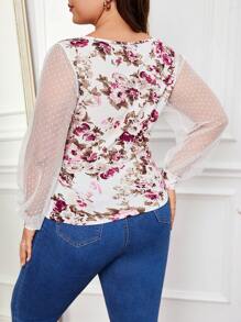 SHEIN Privé Plus Floral Print Contrast Mesh Lantern Sleeve Sweetheart Neck Top - White - View 2