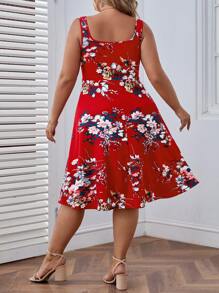 SHEIN VCAY Vestido evasé con estampado floral, verano - Rojo - Ver 2