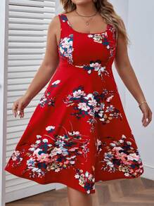 SHEIN VCAY Vestido evasé con estampado floral, verano - Rojo - Ver 3