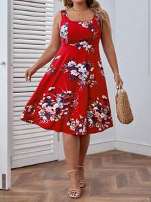 SHEIN VCAY Vestido evasé con estampado floral, verano - Rojo - Ver 5