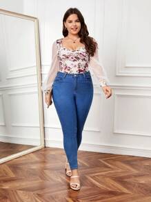 SHEIN Privé Plus Floral Print Contrast Mesh Lantern Sleeve Sweetheart Neck Top - White - View 5