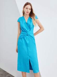 MOTF PREMIUM PURE LINEN FRONT-TWIST DRESS WRAP DRESS