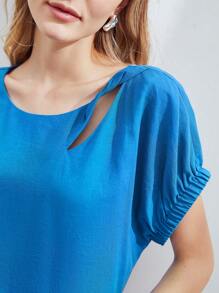 MOTF PREMIUM 亞麻混紡鏤空女式襯衫 - 藍色 - 查看 3