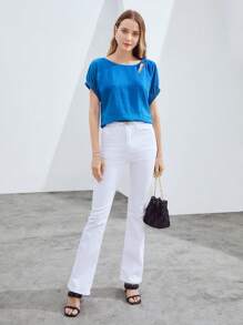 MOTF PREMIUM 亞麻混紡鏤空女式襯衫 - 藍色 - 查看 4