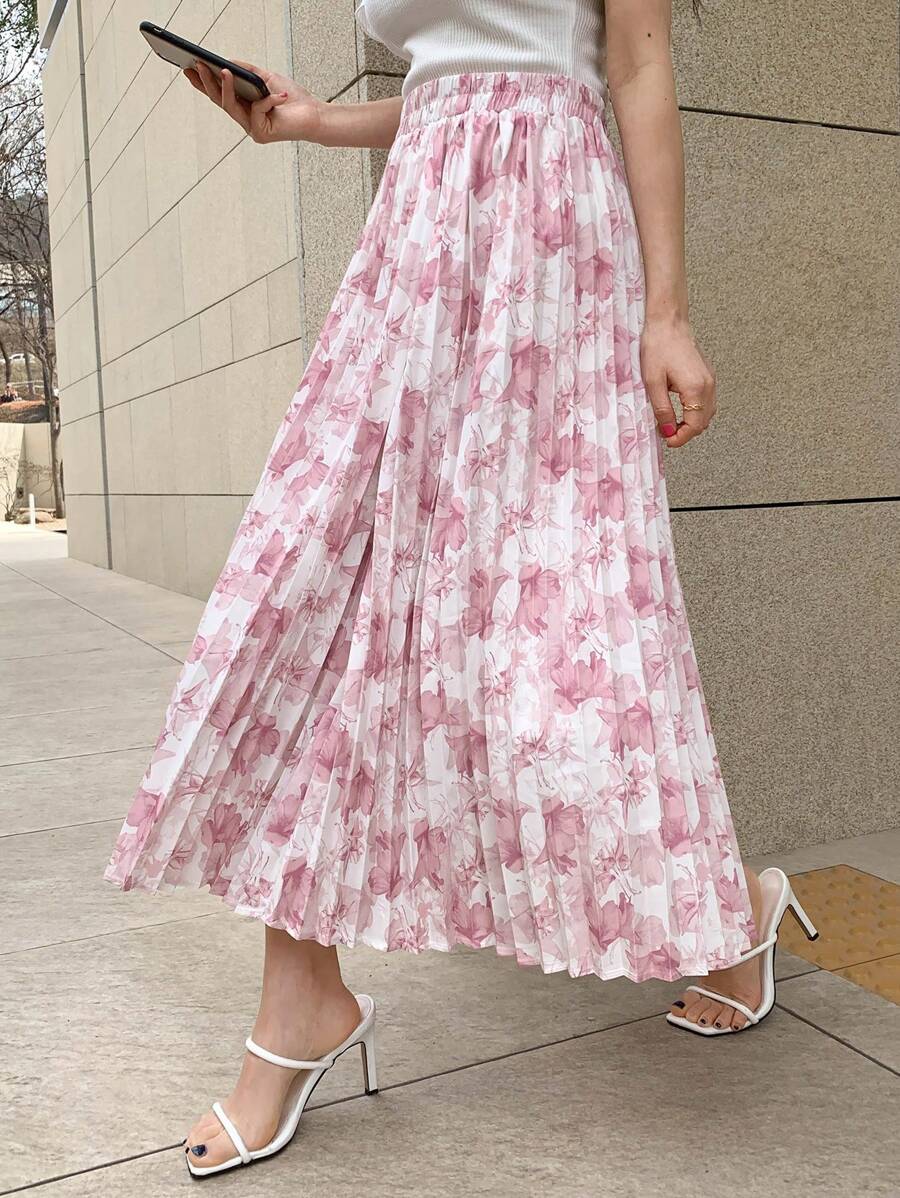 DAZY Chân váy xếp ly in họa tiết hoa toàn thân - Hồng - Xem 1