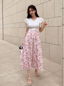 DAZY Chân váy xếp ly in họa tiết hoa toàn thân - Hồng - Xem 5