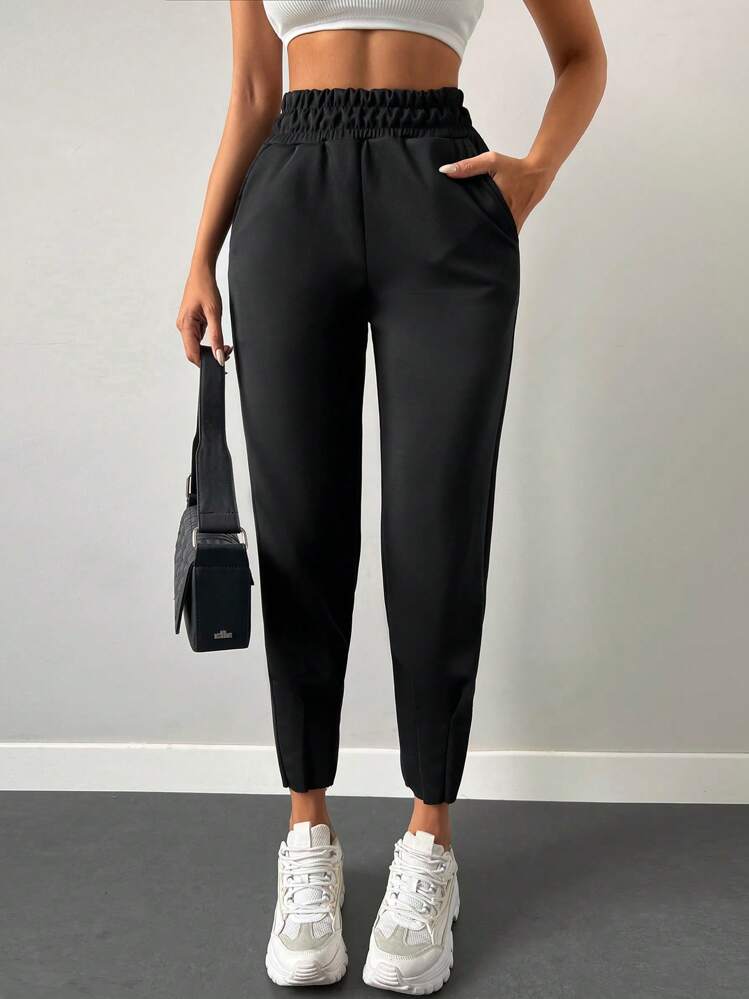 RueChic Elastic Waist Slant Pocket Pants - Black - View 1