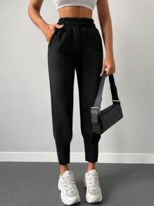 SHEIN Cottnline Pantalones de cintura elástica con bolsillo oblicuo - Negro - Ver 3
